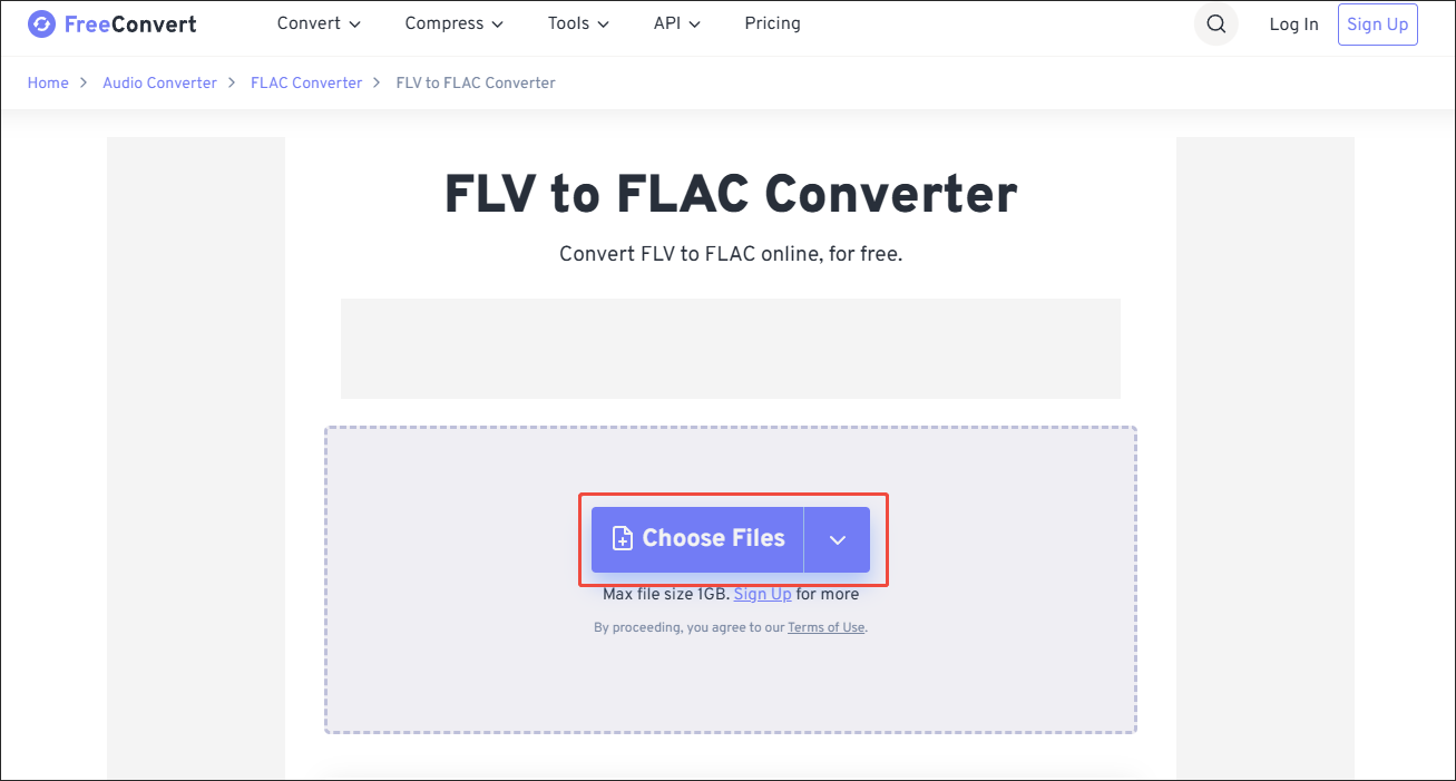Click on Choose Files in FreeConvert to import the FLV videos