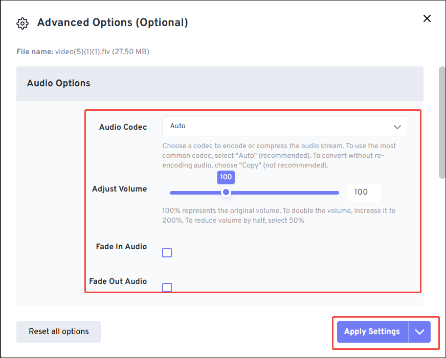 The Advanced Options window of FreeConvert