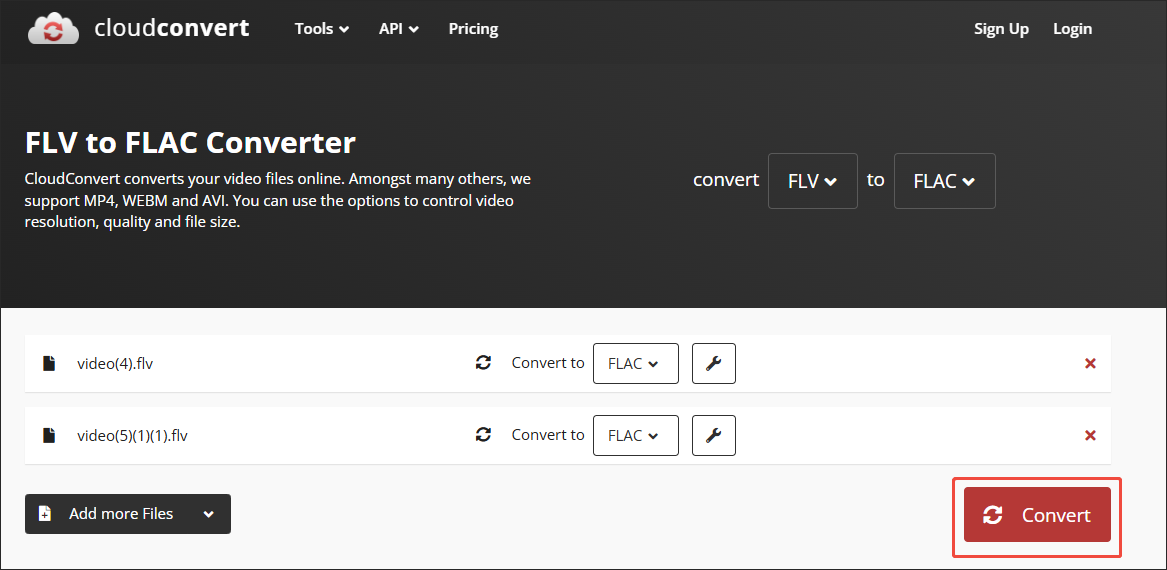 Click on the Select File button in CloudConvert to upload your FLV videos