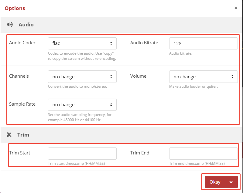 The Options window of CloudConvert