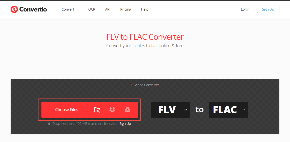 Click on the Choose Files option in Convertio to import the FLV files