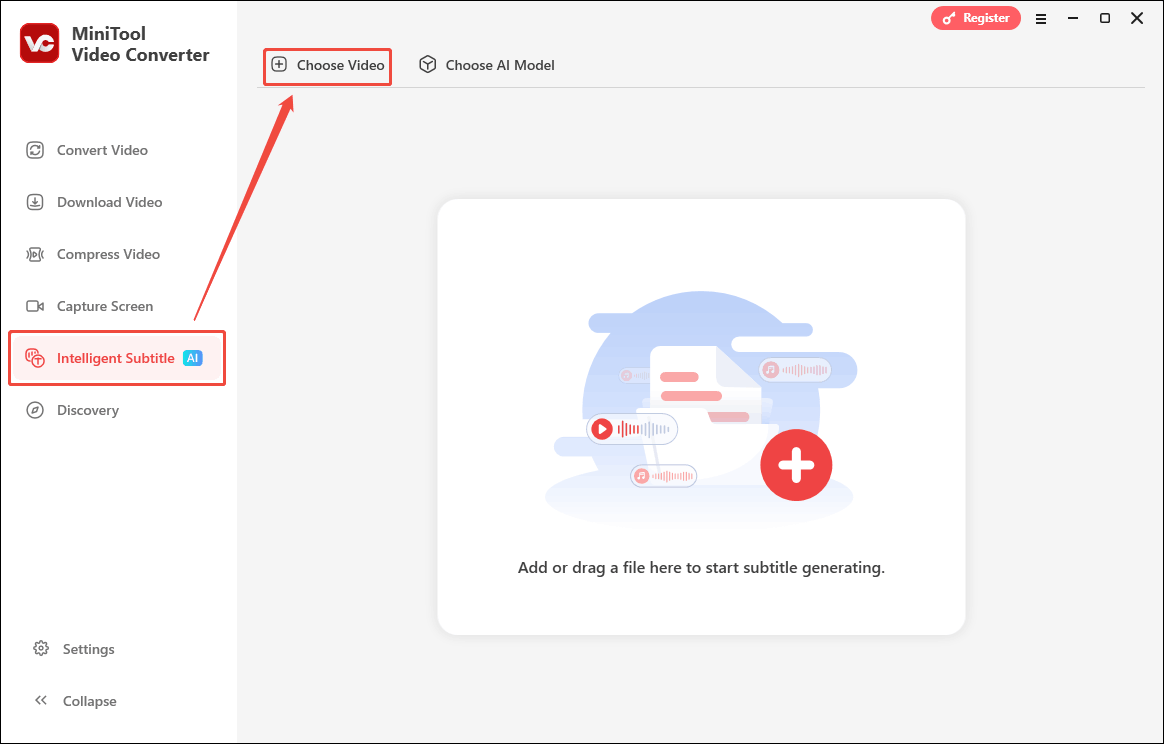 Click the Choose Video option under the Intelligent Subtitle tab of MiniTool Video Converter to trigger the Choose AI Model window