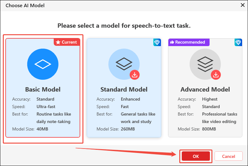 Choose Basic Model and click the OK button in the Choose AI Model window of MiniTool Video Converter to apply the choice