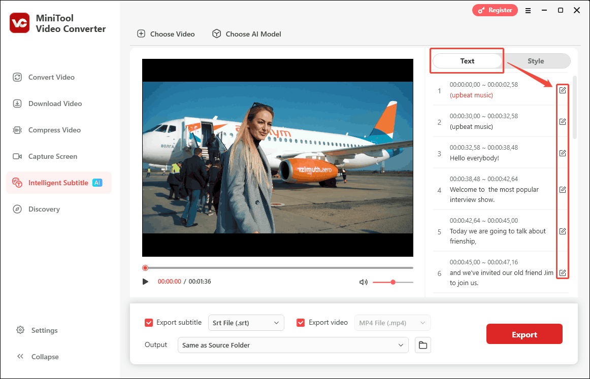 Click the Edit icons in the Text tab of MiniTool Video Converter to edit the subtitles
