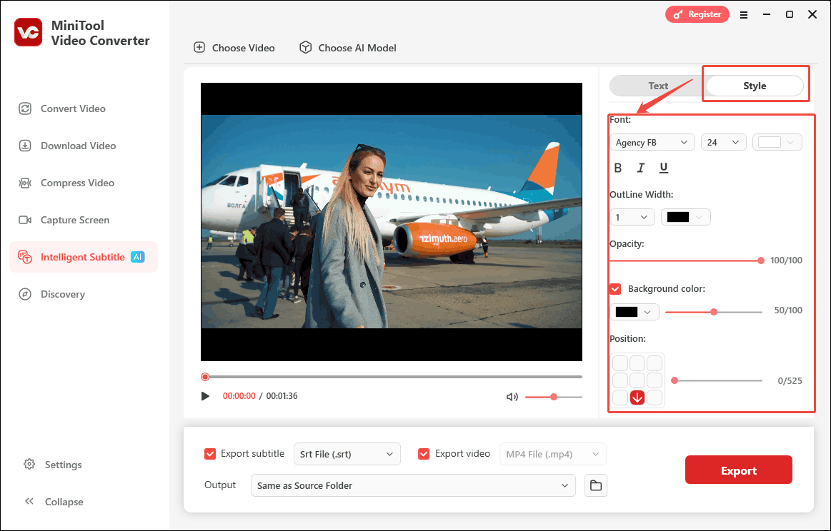 Switch to the Style tab of MiniTool Video Converter to customize the font, opacity, background color, and position of the captions