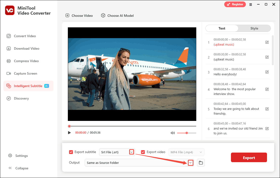 Expand the Export subtitle options to choose the converted file format and expand the Output option in the Intelligence Subtitle tab to select a saving path