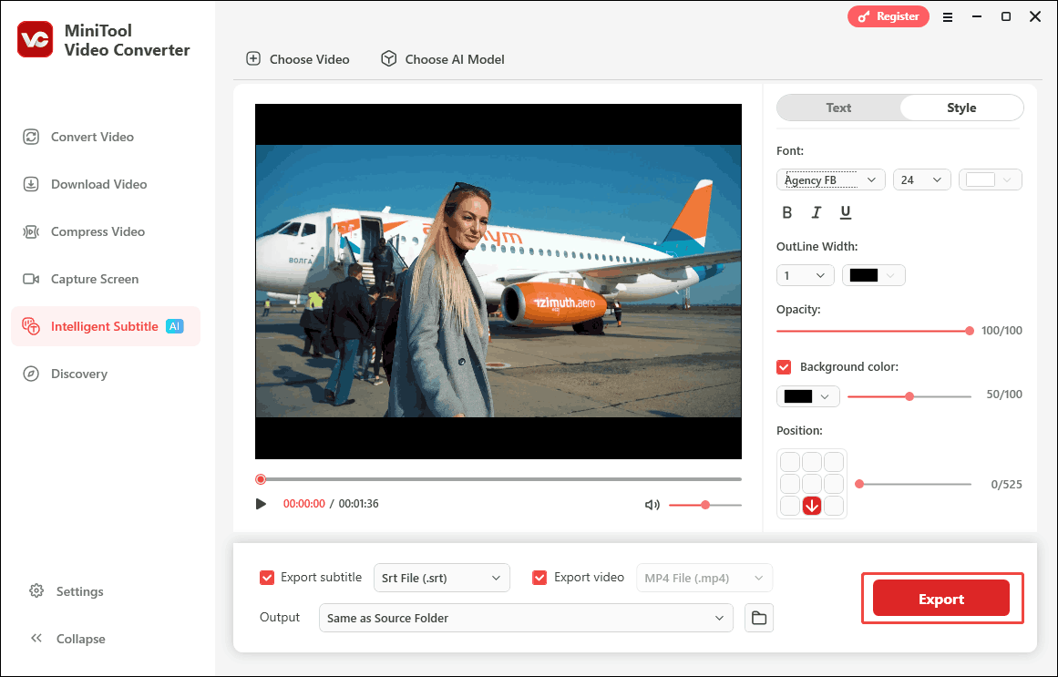 Click the Export button under the Intelligent Subtitle tab of MiniTool Video Converter to begin the export