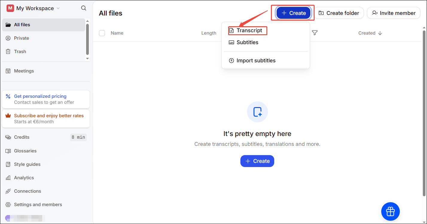 Expand the + Create option in HappyScribe to choose the Transcript option to trigger a pop-up window