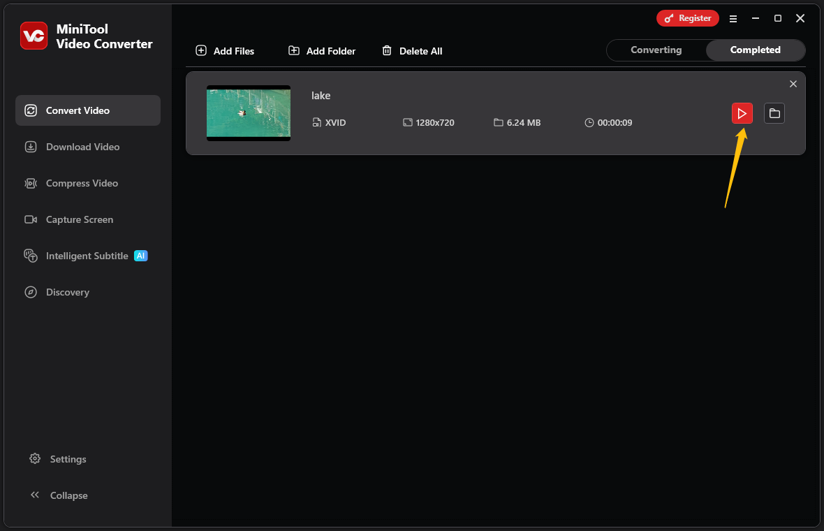 MiniTool Video Converter’s conversion interface with the play icon highlighted