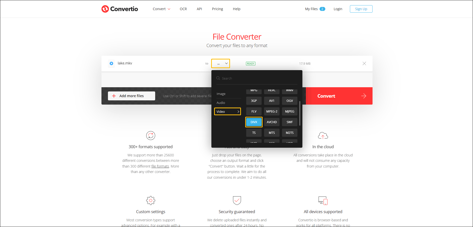 Convertio interface with the output format window pops up