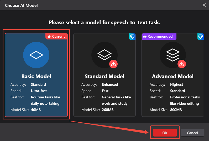 Choose Basic Model and click the OK button in the Choose AI Model window of MiniTool Video Converter to apply the choice