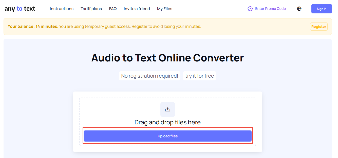 Click the Upload files option in Any2Text to upload the audio you want to convert