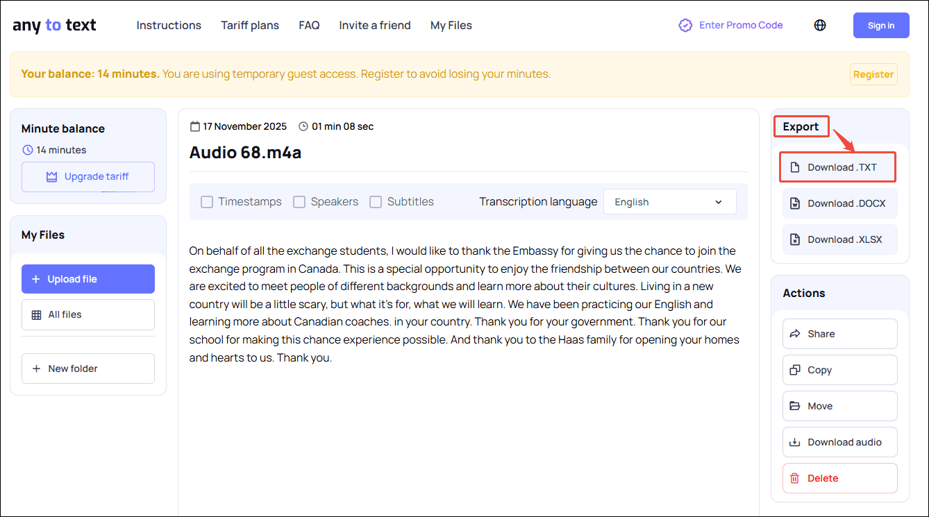 Choose Download TXT in the Export option in Any2Text to save the converted text