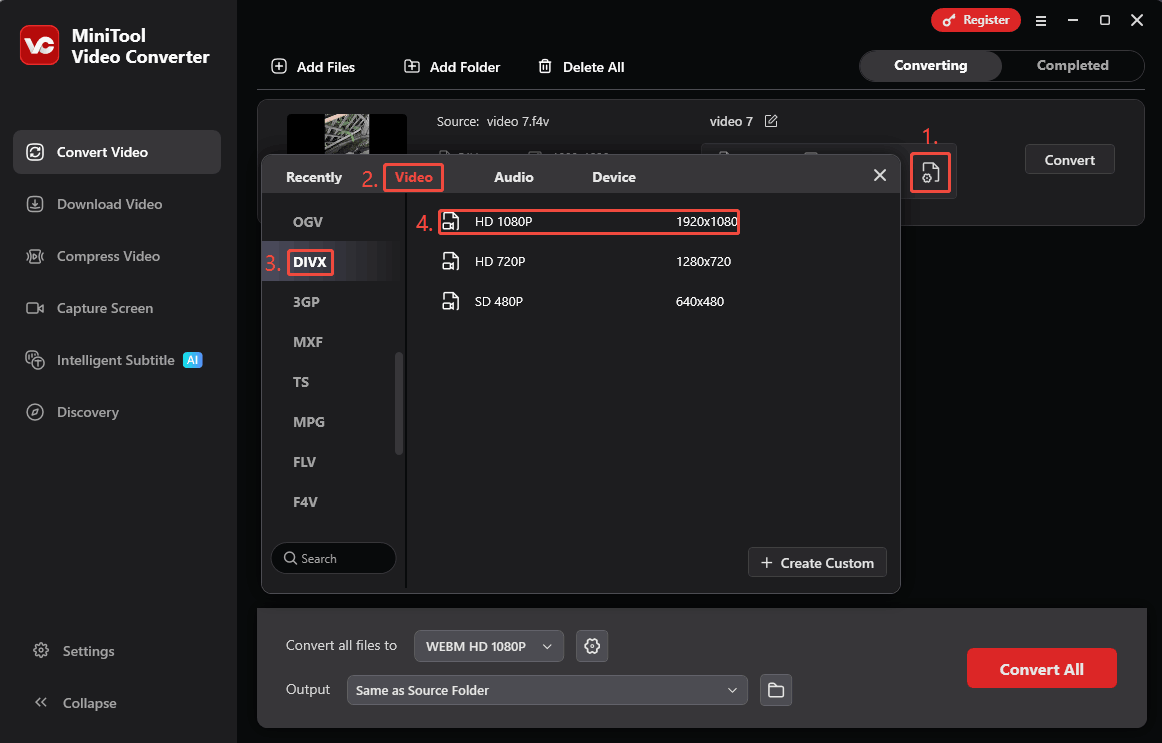 Choose DIVX as the output format in the output format window of MiniTool Video Converter
