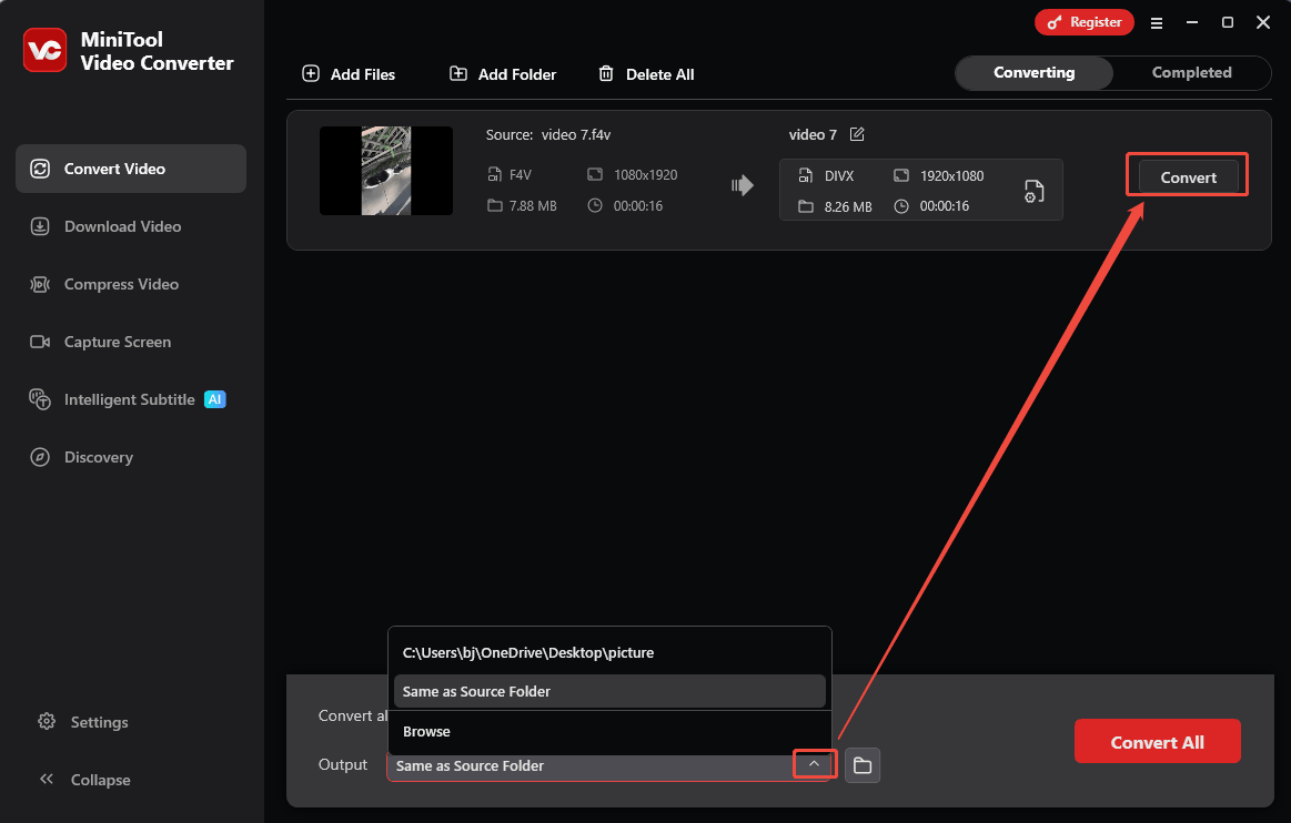 Expand the Output option to select a storage location and click the Convert button in MiniTool Video Converter to begin the conversion