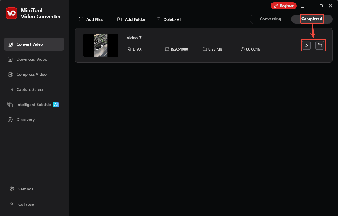 Click on the Play icon or the Folder icon under the Completed tab of MiniTool Video Converter to check or locate the converted video