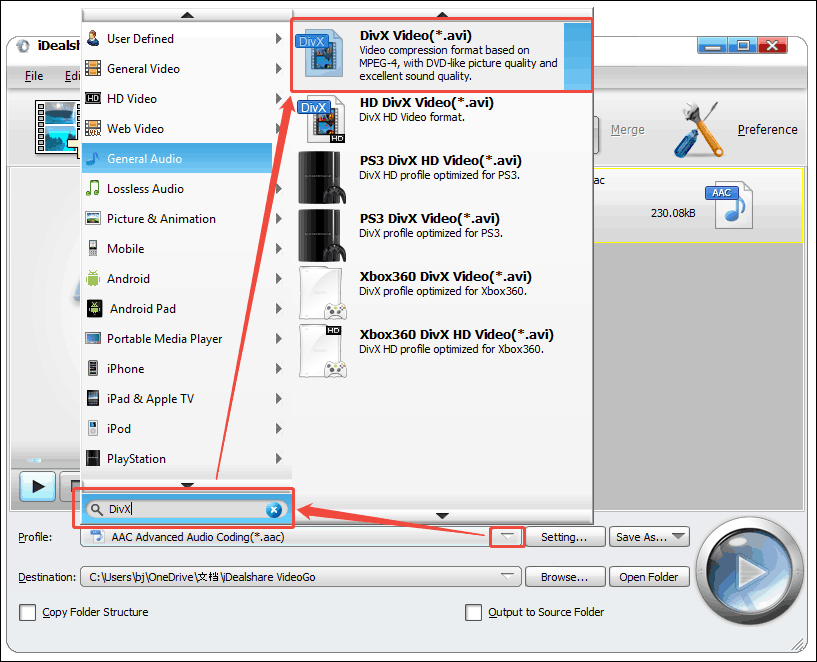 Expand the Profile option to enter DivX into the search bar and choose the DivX Video(*.avi) option in iDealshare VideoGo
