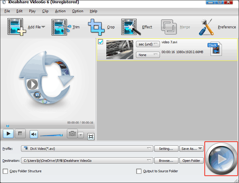 Click the Launch icon in iDealshare VideoGo to begin converting