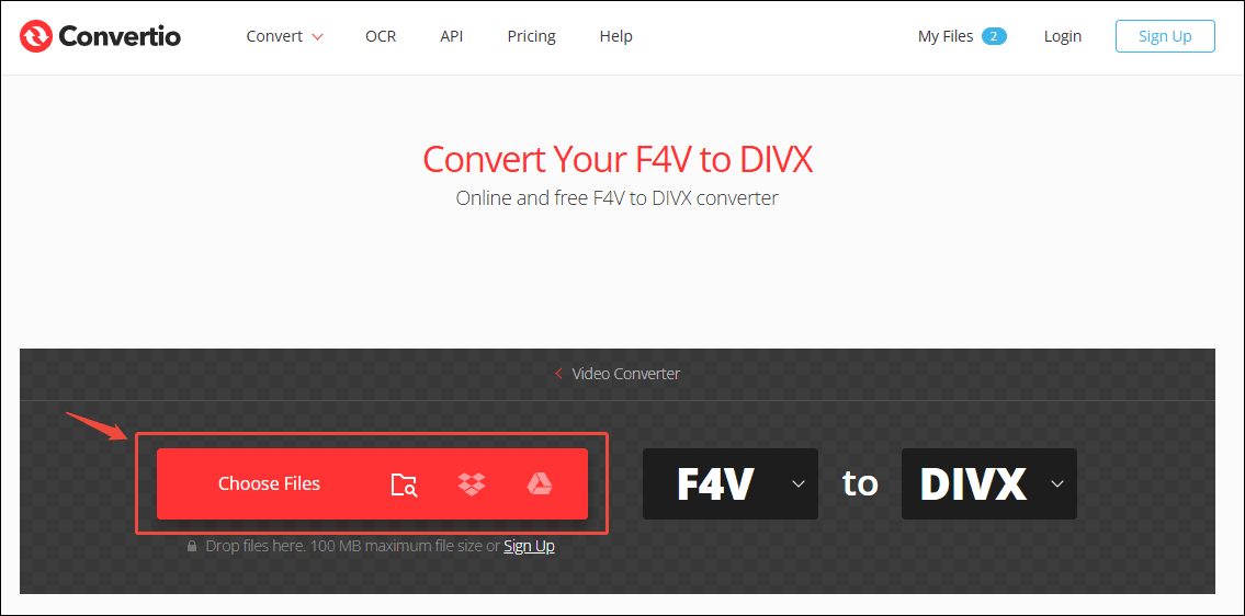 Click the Choose Files option in Convertio to upload the F4V file