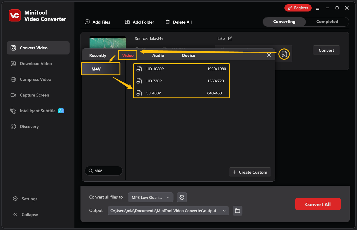 MiniTool Video Converter output format window showing how to choose M4V as output format.