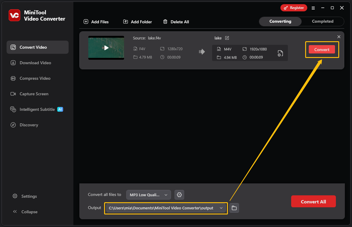 MiniTool Video Converter interface shows the Output folder expanded and the Convert button highlighted.
