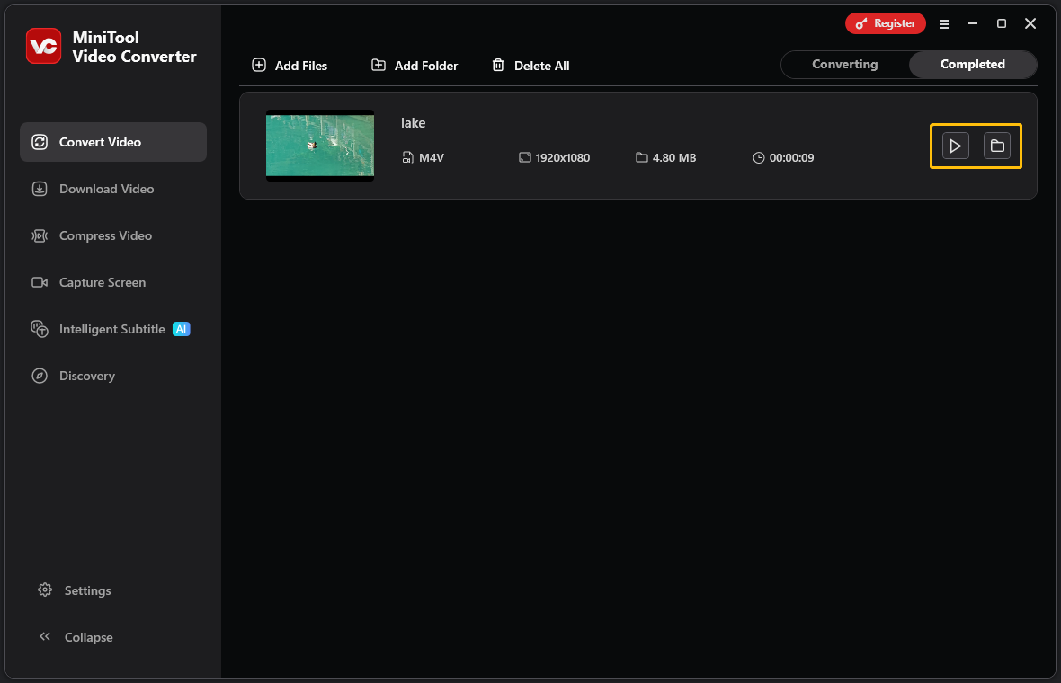 MiniTool Video Converter’s Convert Video interface showing the play icon and folder icon under the Completed tab.