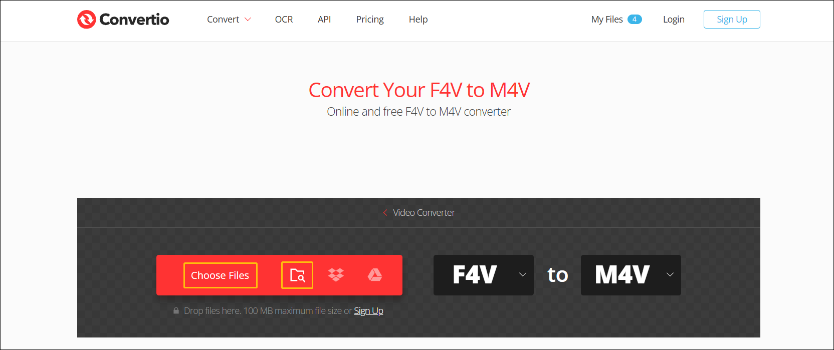 Convertio F4V to M4V page.