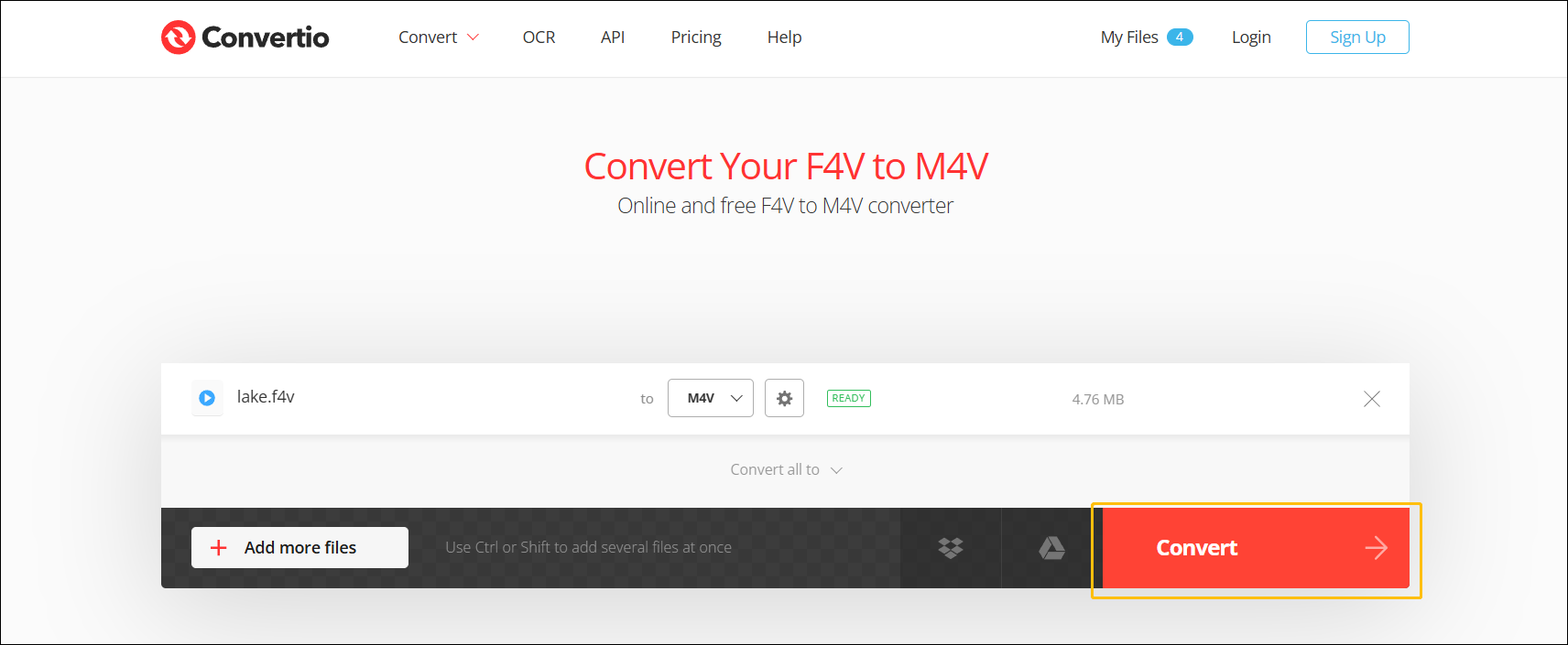 Convertio F4V to M4V page with the Convert button highlighted.