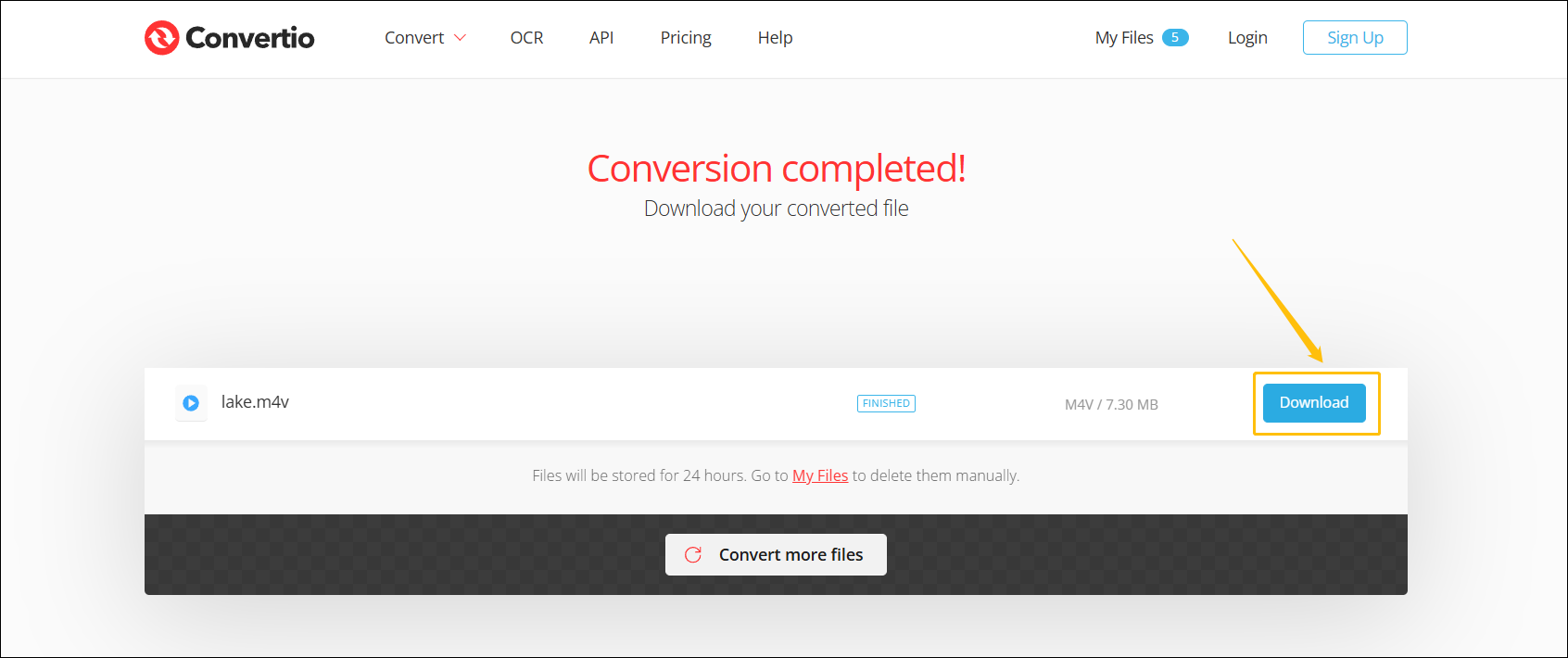 Convertio’s Conversion completed page with the Download button highlighted.