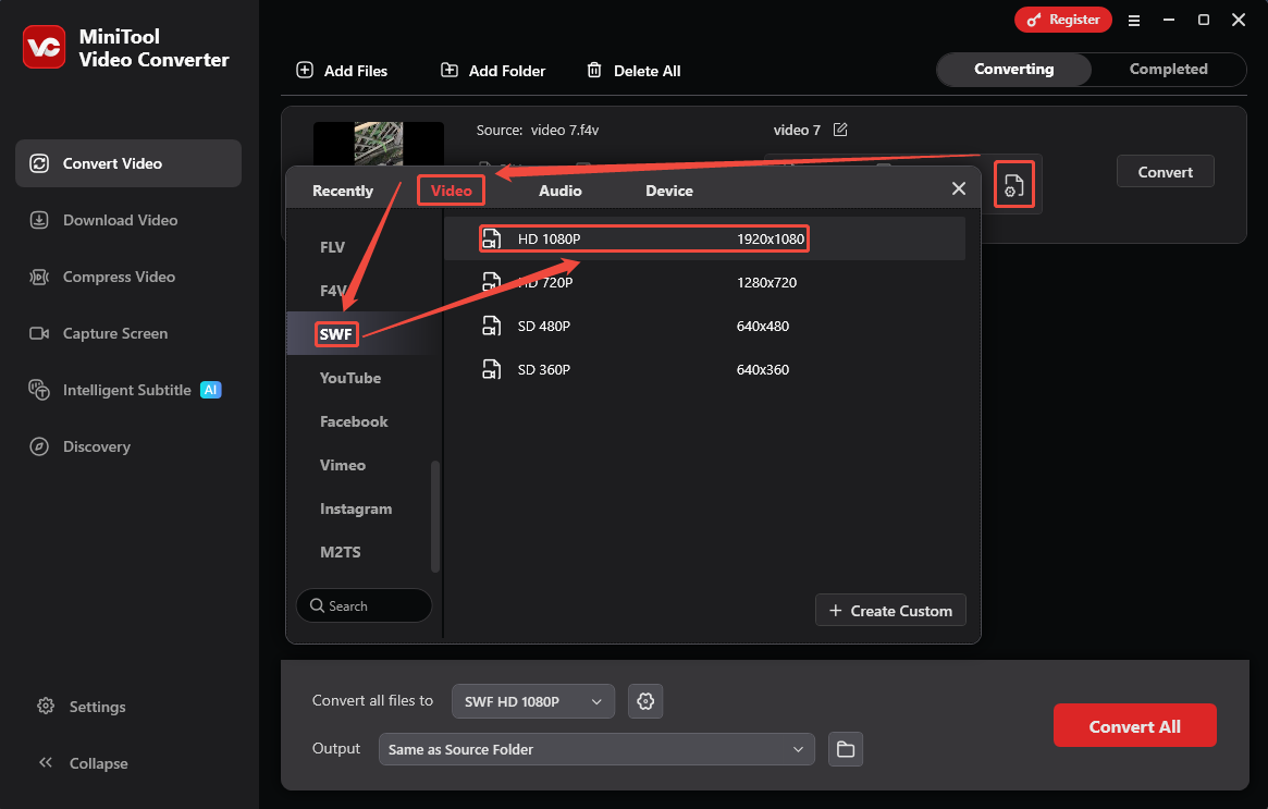 Set SWF as the output format in the output format window of MiniTool Video Converter