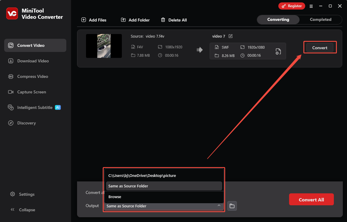 Expand the Output option to specify a saving path and click the Convert button in MiniTool Video Converter to start the conversion