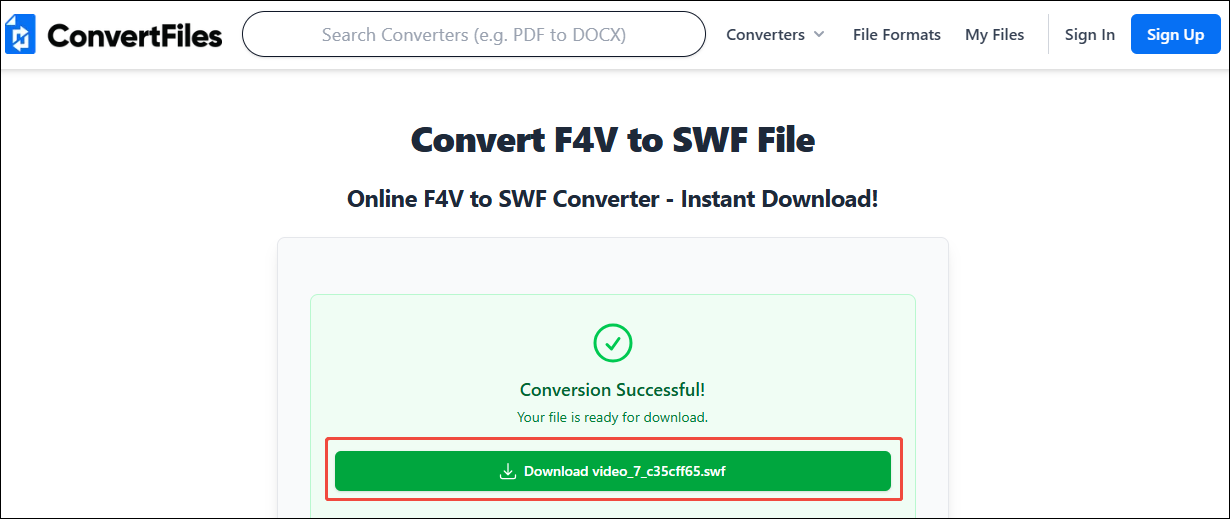 Click on the Download button in ConvertFiles to save the converted video