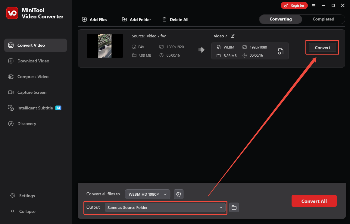 Browse the Output option to specify a saving path and click the Convert button in MiniTool Video Converter to start converting