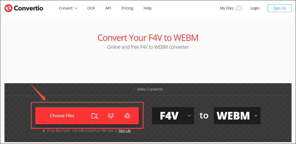 Click the Choose Files option in Convertio to add an F4V file