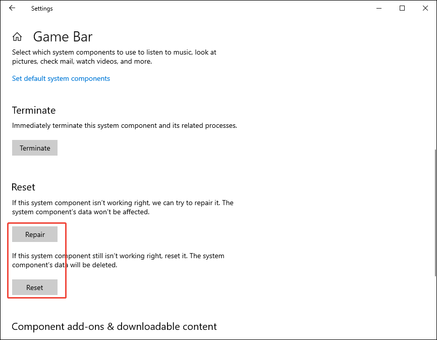 Game Bar settings interface with Repair and Reset options selected.
