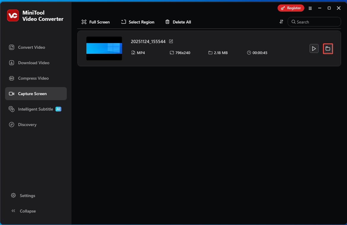 In the MiniTool Video Converter interface, the folder icon of the recorded video is selected.