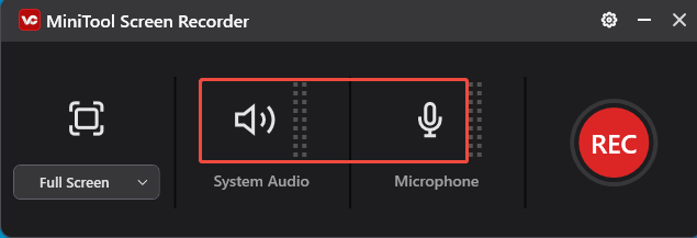 Audioquelle für die Aufnahme anpassen, indem Sie in MiniTool Screen Recorder auf die entsprechenden Symbole klicken