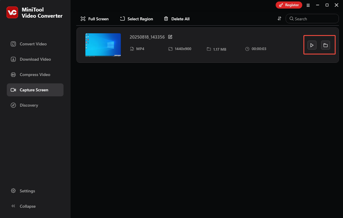 in MiniTool Video Converter auf das Wiedergabe- oder Ordnersymbol klicken, um die Aufnahme zu überprüfen und den Speicherort öffnen