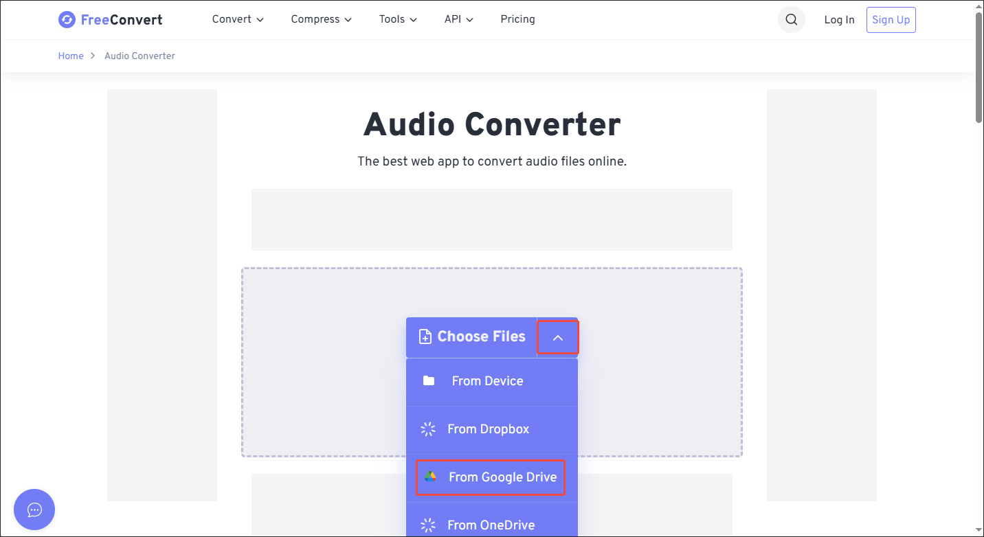 Click on From Google Drive in FreeConvert to import the audio files