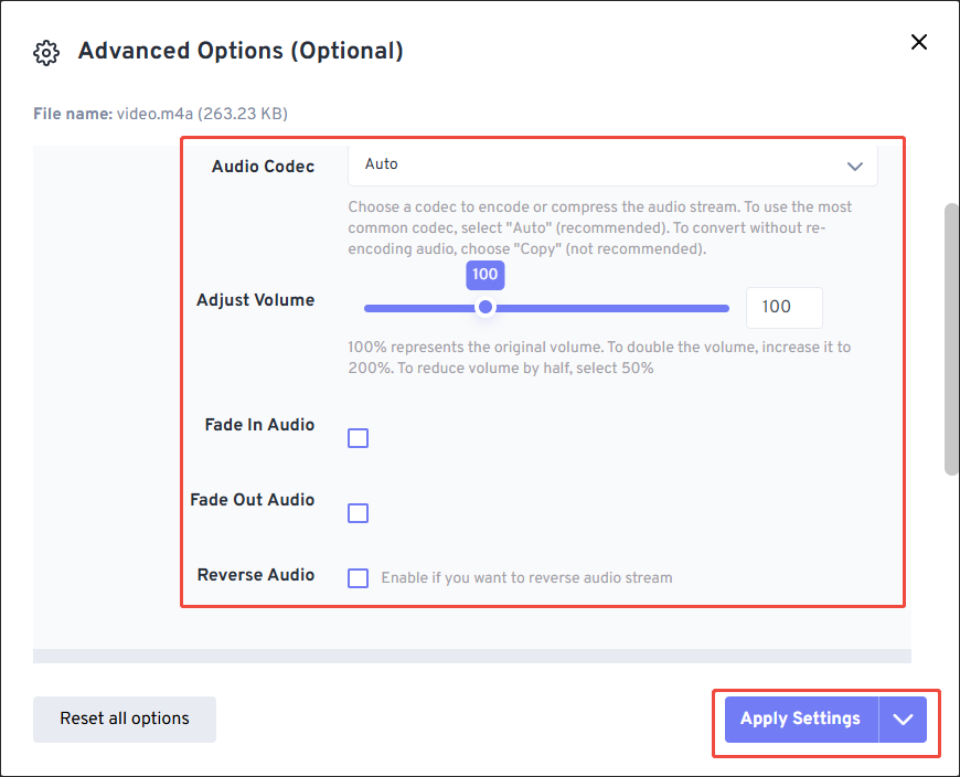 The Advanced Options window of FreeConvert