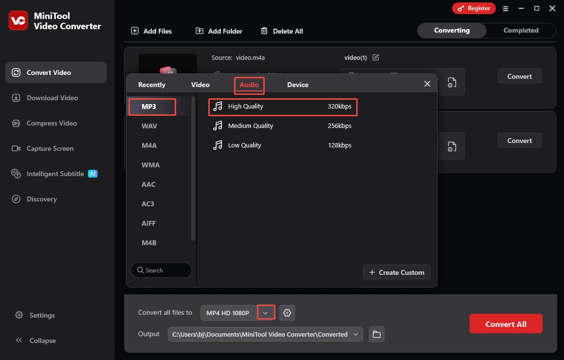 Expand the Convert all files to option in MiniTool Video Converter to choose MP3 High Quality as the output format