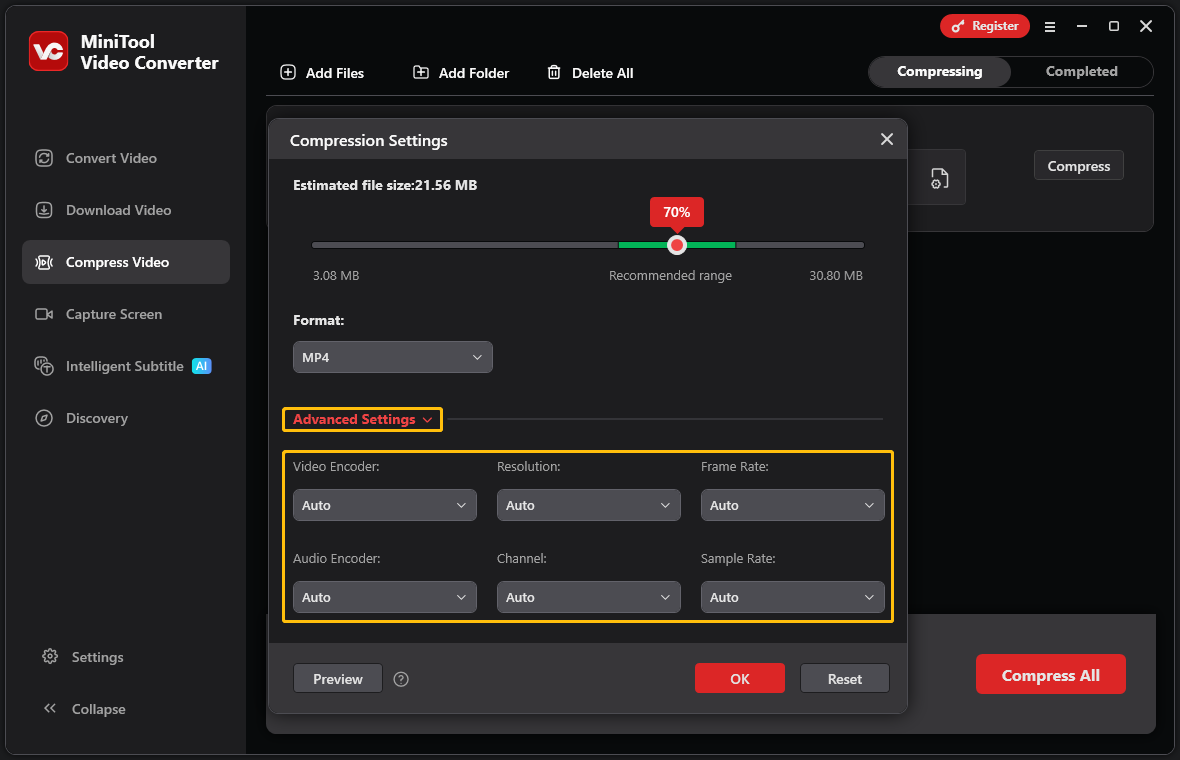 Weitere Videoparameter wie Encoder, Auflösung anpassen