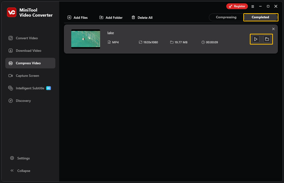 komprimiertes Video unter der Registerkarte „Abgeschlossen“ abspielen oder Speicherort öffnen