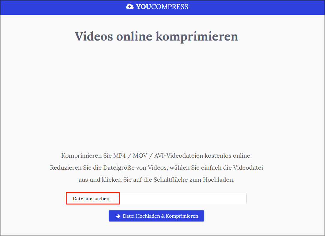 zum Videoupload auf YouCompress auf „Datei aussuchen“
