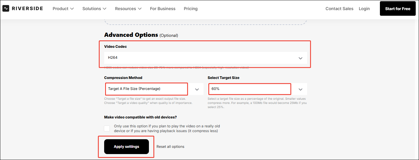 Konfiguration der Komprimierungseinstellungen in Riverside Video Compressor.