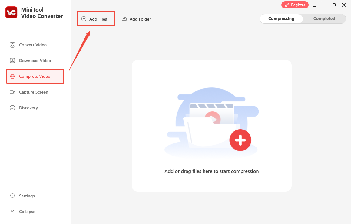 Hervorgehobene Option Dateien hinzufügen auf der Seite Video komprimieren in MiniTool Video Converter.