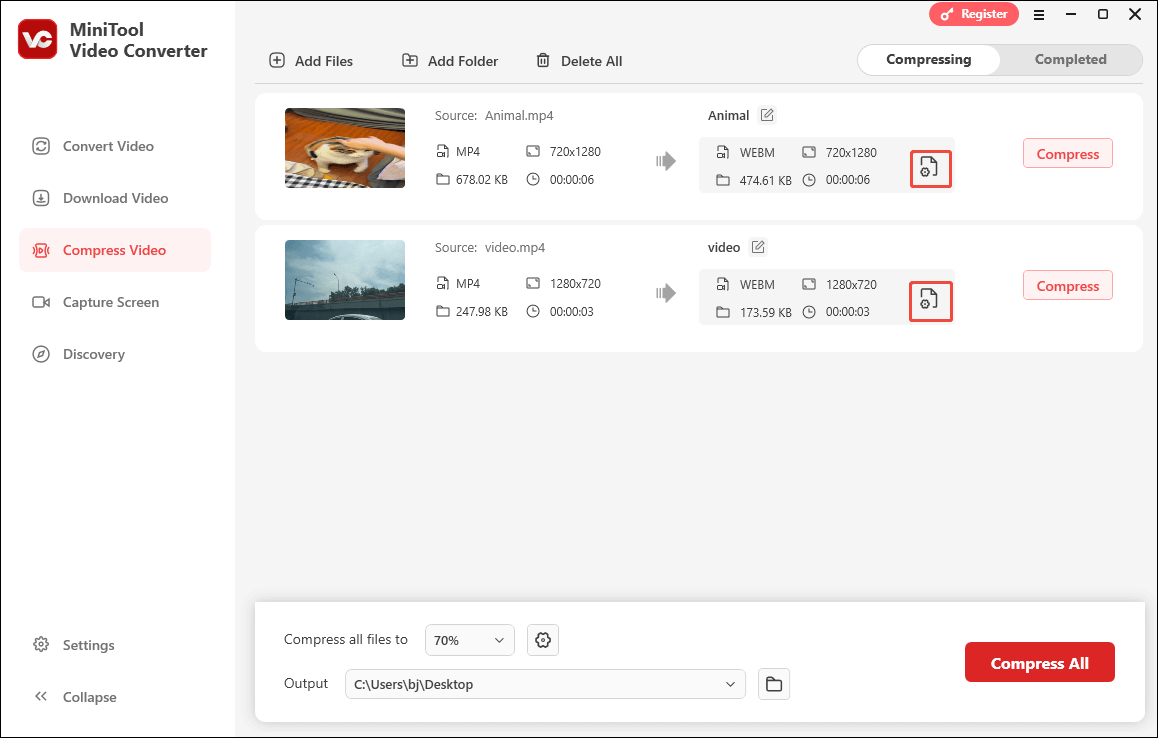 Markiertes Zahnradsymbol auf der Seite Video komprimieren in MiniTool Video Converter.