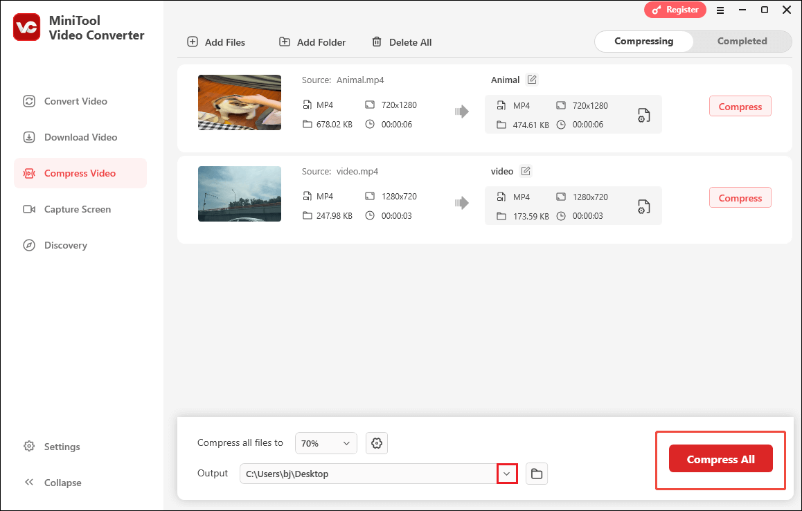 Markierung des Pfeils neben der Option Ausgabe und Klicken auf Alle komprimieren in MiniTool Video Converter.