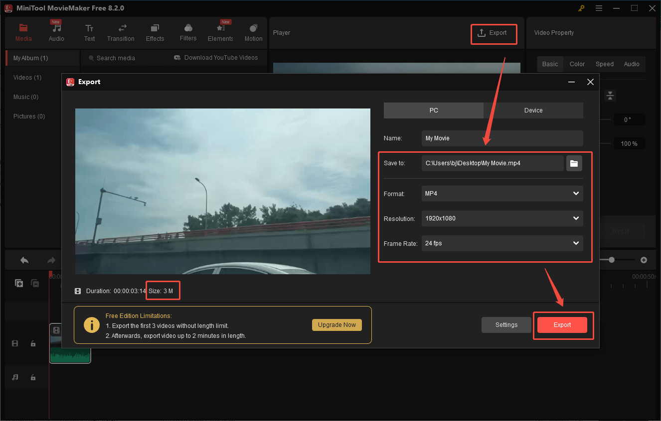 Markierung von Optionen Speicherort, Format, Auflösung und Bildrate im Fenster Exportieren in MiniTool MovieMaker.