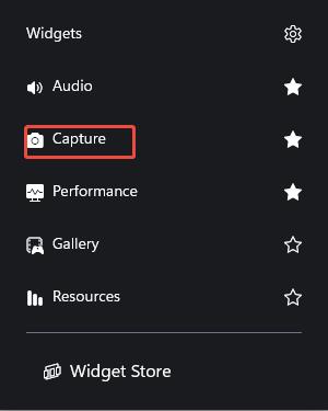 On the Widgets page of Xbox Game Bar, the Capture option is selected.